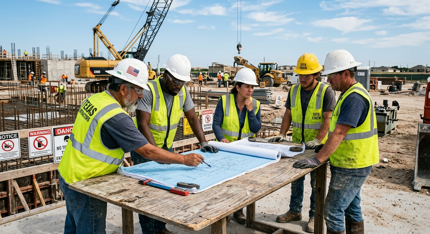 Construction workers reviewing blueprints at a Texas job site with framed wooden walls in the background