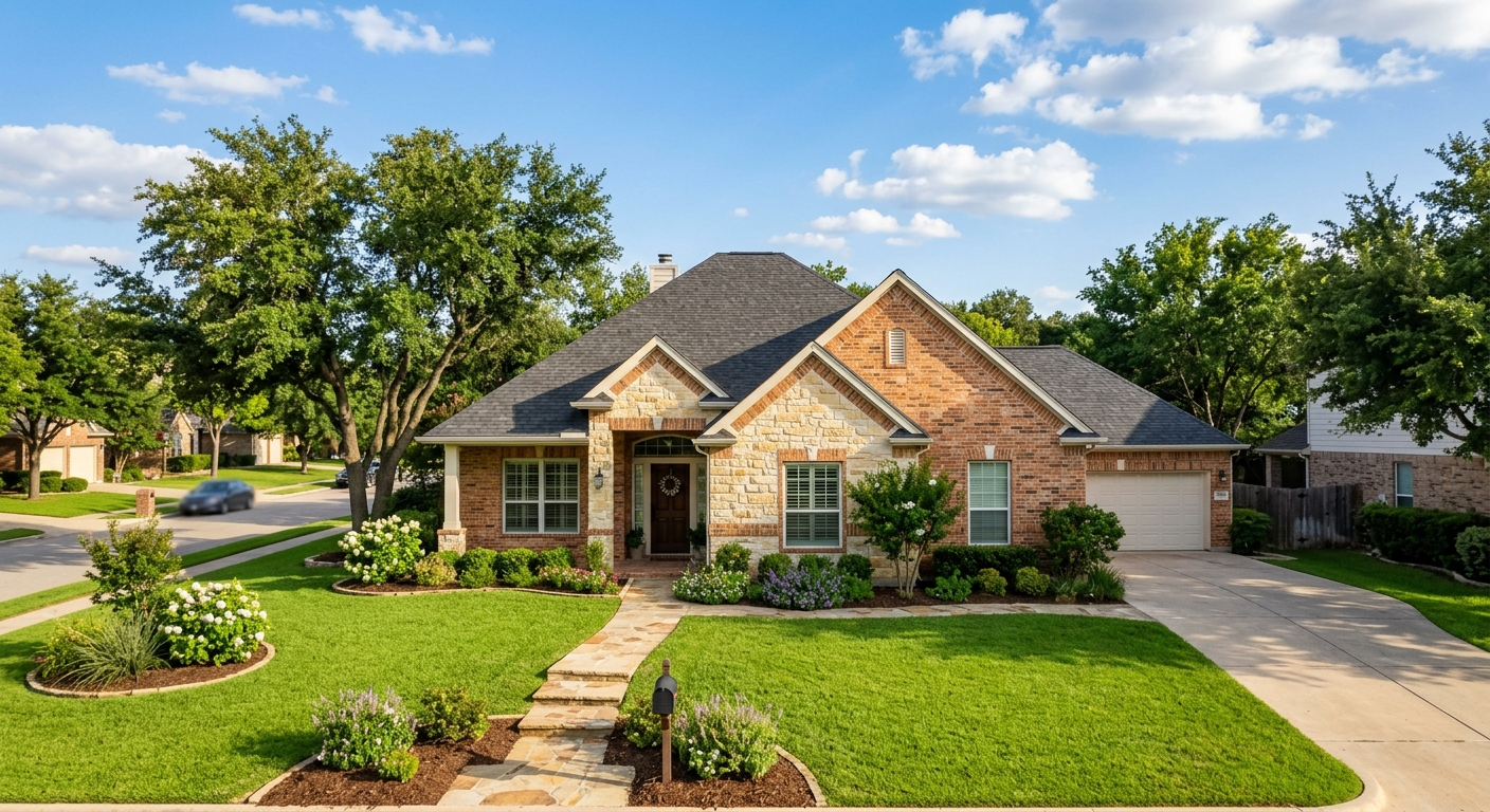 Brick ranch-style home on a quiet street in Temple, Texas on a partly cloudy spring afternoon