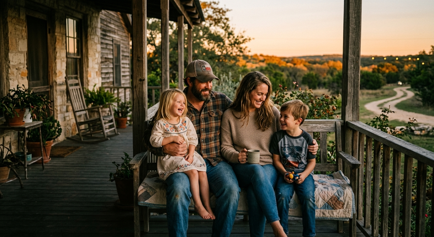 A Texas family sitting together at a kitchen table reviewing life insurance documents with a local agent