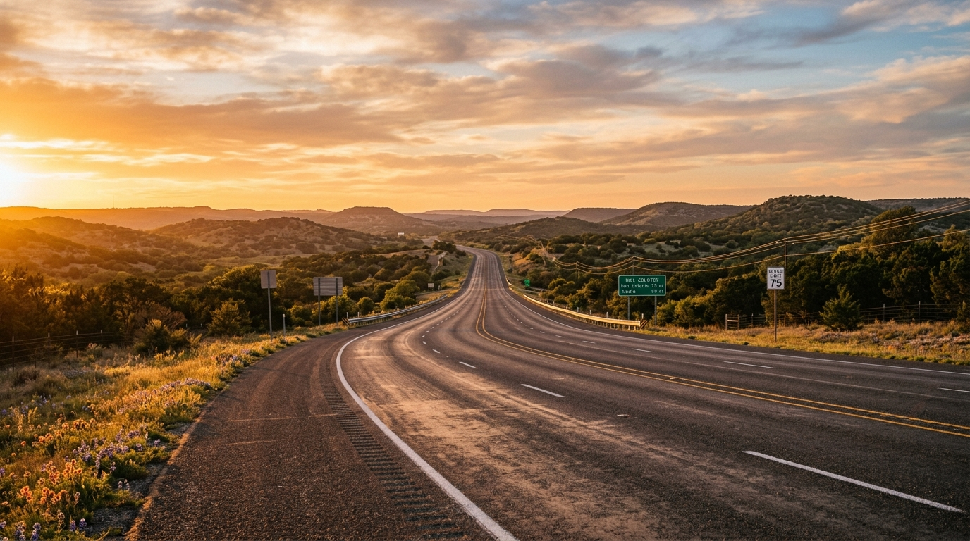 A Texas highway stretching toward a stormy Central Texas horizon with a pickup truck in the foreground
