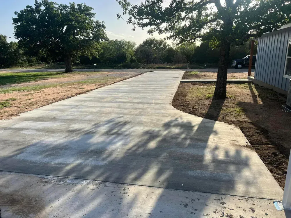 A concrete driveway with trees on the side of it