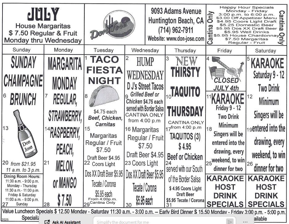 Don Jose Mexican Restaurant Monthly Fiesta Calendar Don Jose Mexican Restaurant Monthly Fiesta Calendar