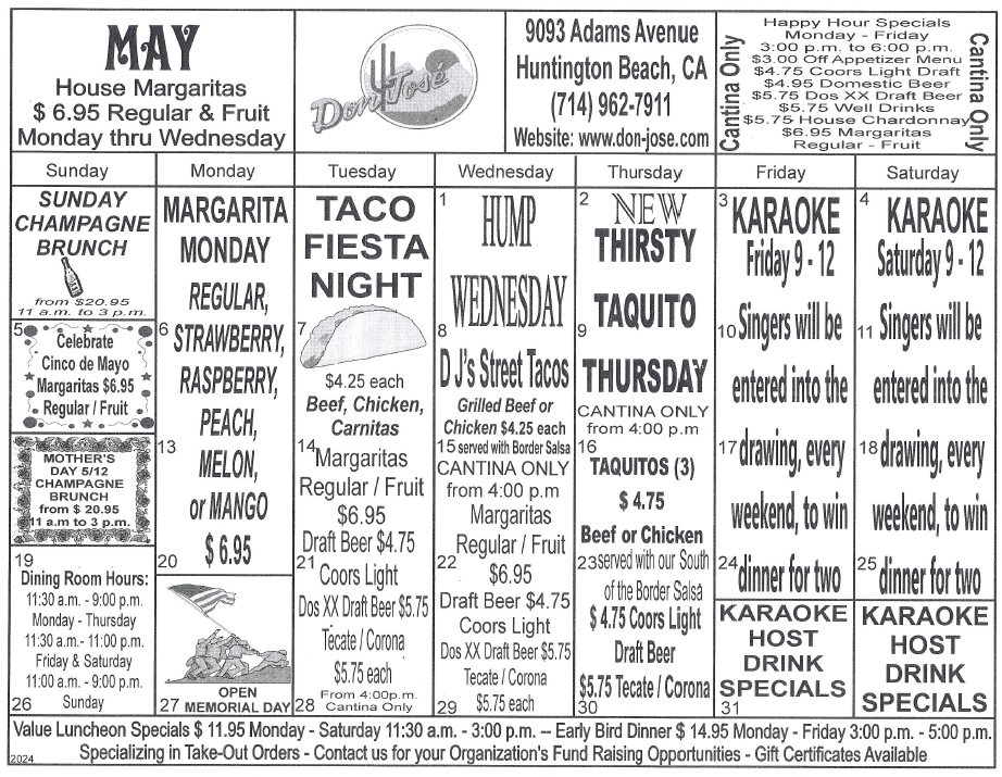 Don Jose Mexican Restaurant Monthly Fiesta Calendar