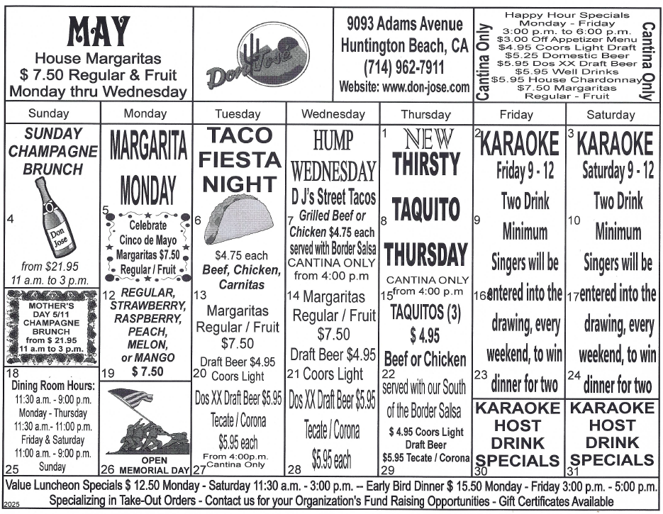 Don Jose Mexican Restaurant Monthly Fiesta Calendar Don Jose Mexican Restaurant Monthly Fiesta Calendar