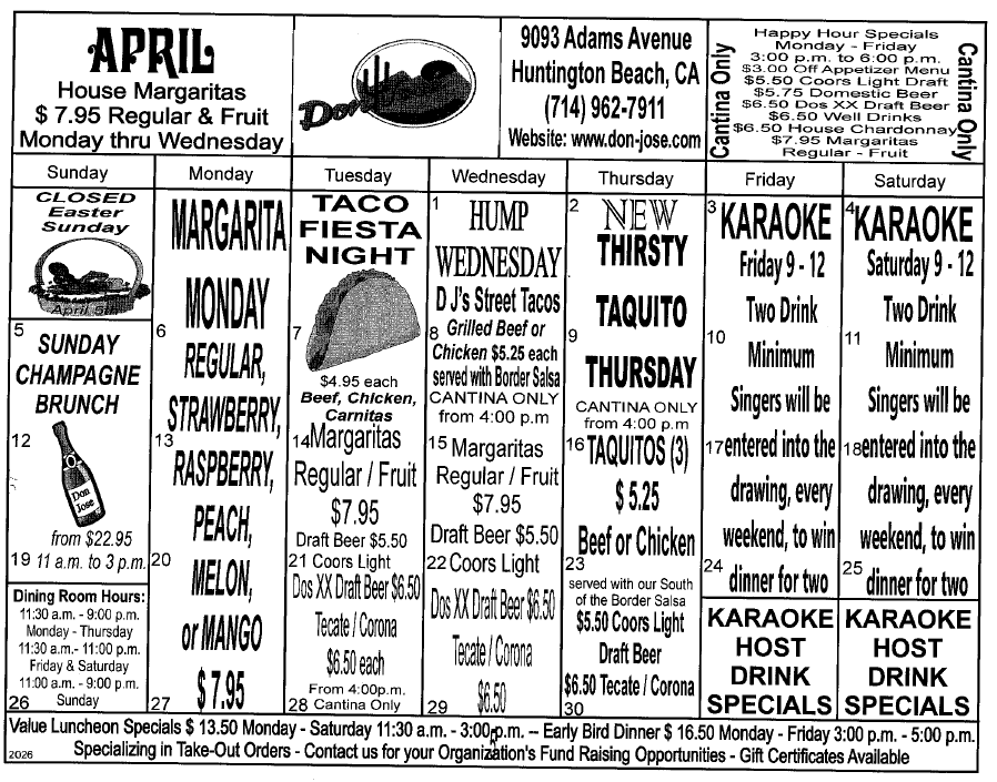 Don Jose Mexican Restaurant Monthly Fiesta Calendar