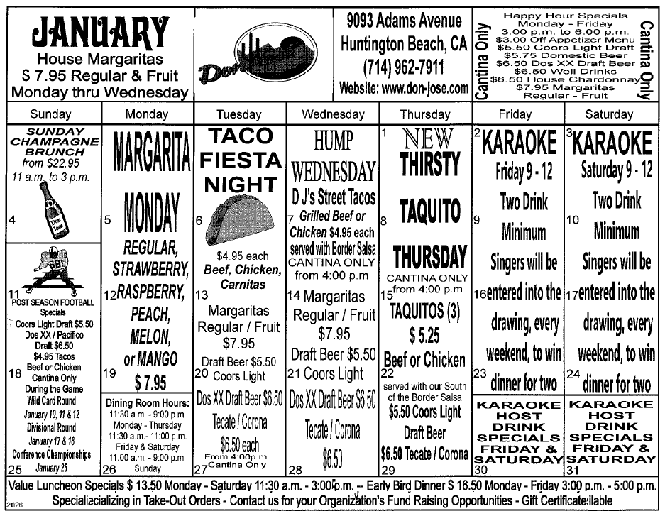 Don Jose Mexican Restaurant Monthly Fiesta Calendar