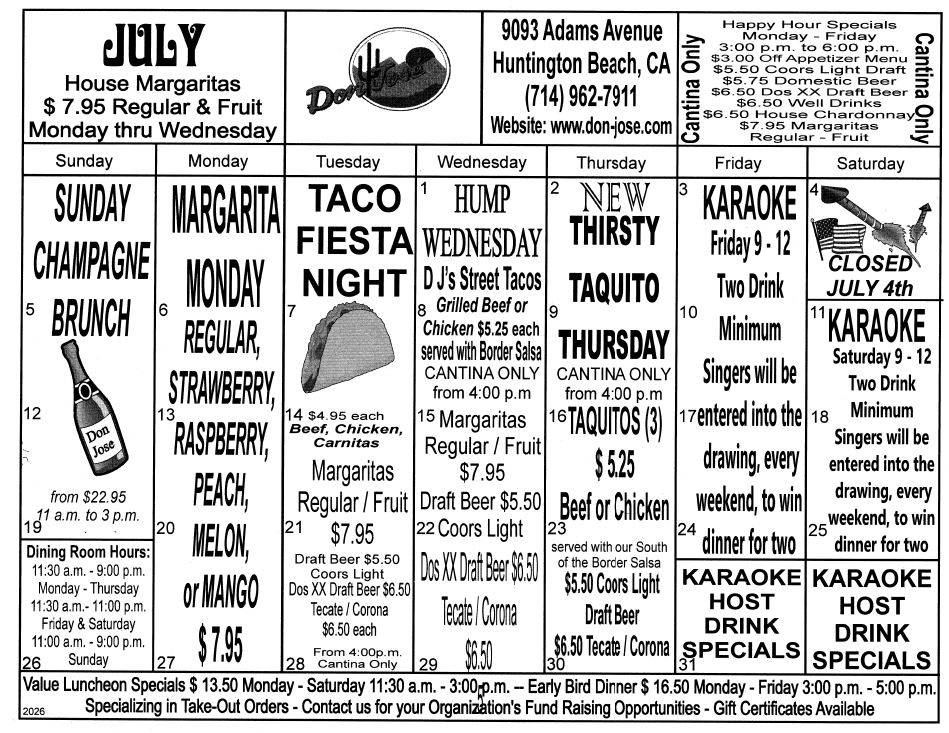 Don Jose Mexican Restaurant Monthly Fiesta Calendar