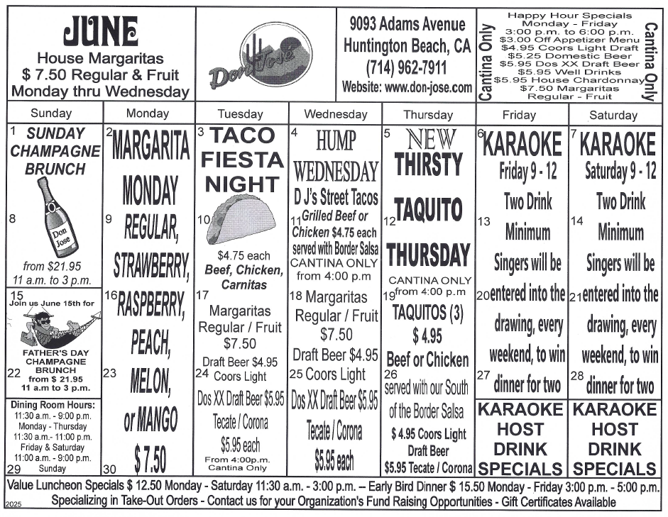 Don Jose Mexican Restaurant Monthly Fiesta Calendar Don Jose Mexican Restaurant Monthly Fiesta Calendar