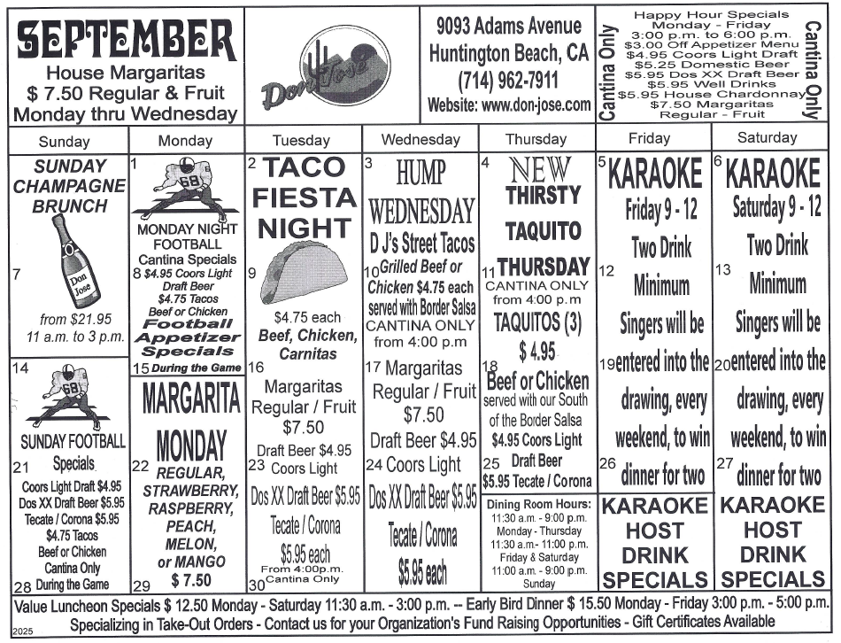 Don Jose Mexican Restaurant Monthly Fiesta Calendar Don Jose Mexican Restaurant Monthly Fiesta Calendar