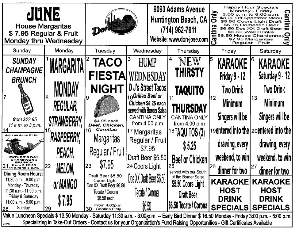 Don Jose Mexican Restaurant Monthly Fiesta Calendar Don Jose Mexican Restaurant Monthly Fiesta Calendar