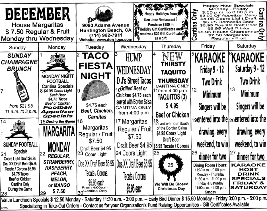 Don Jose Mexican Restaurant Monthly Fiesta Calendar Don Jose Mexican Restaurant Monthly Fiesta Calendar