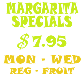 Margarita specials sign: neon green text on white. $7.95, Monday-Wednesday, Regular or Fruit.