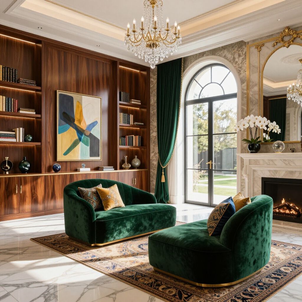 Luxurious emerald green seating in a library with built-in shelves, fireplace, and arched window.