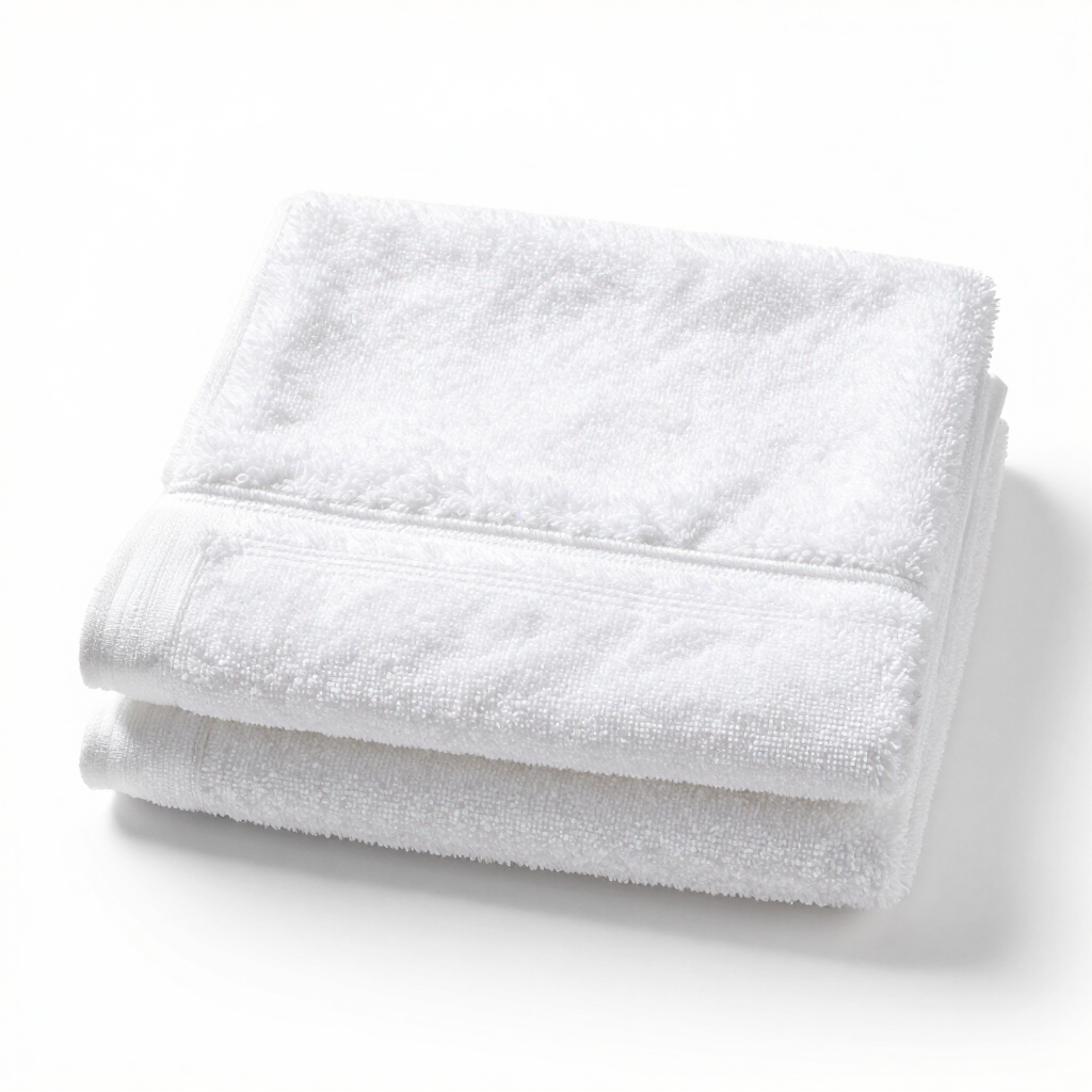 Toalla blanca de hotel doblada con detalle de personalización