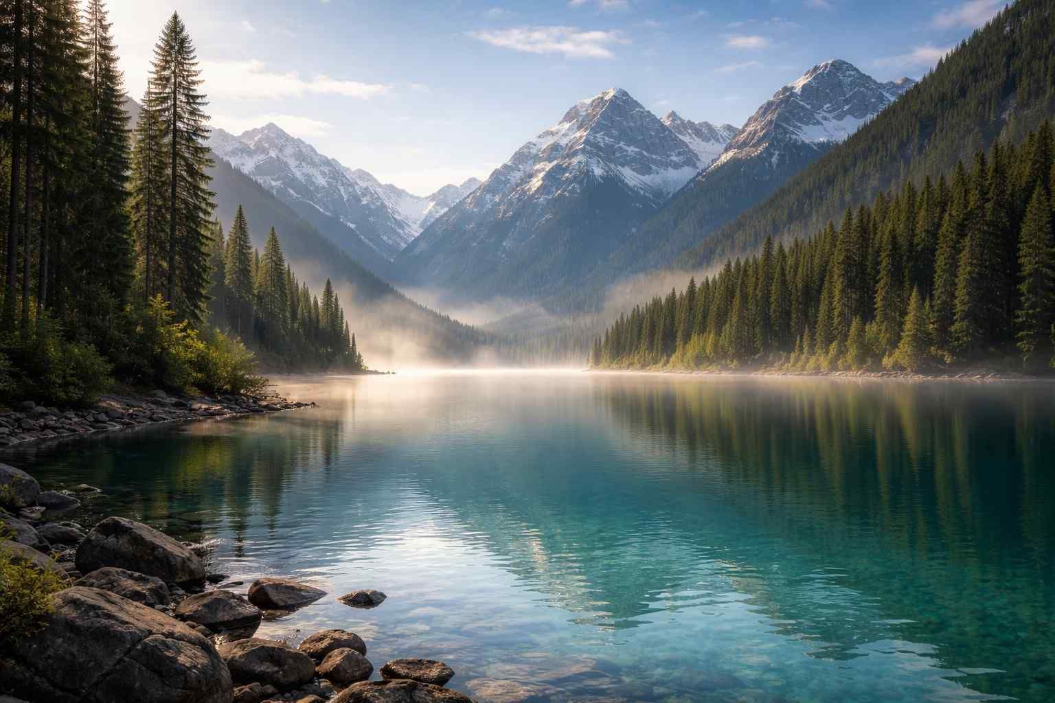 A calm, turquoise lake nestled between snow-capped mountains and evergreen pine forests under a soft, misty morning sky.