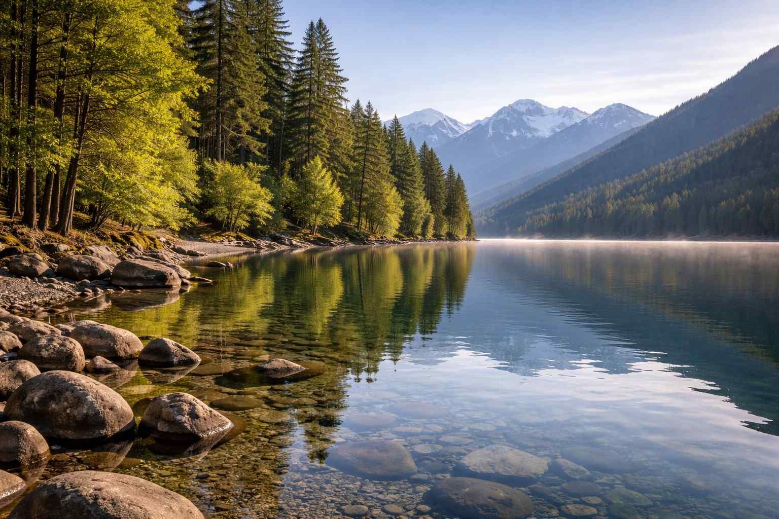 Clear mountain lake reflecting tall green trees and snow-capped peaks under a soft morning sky.