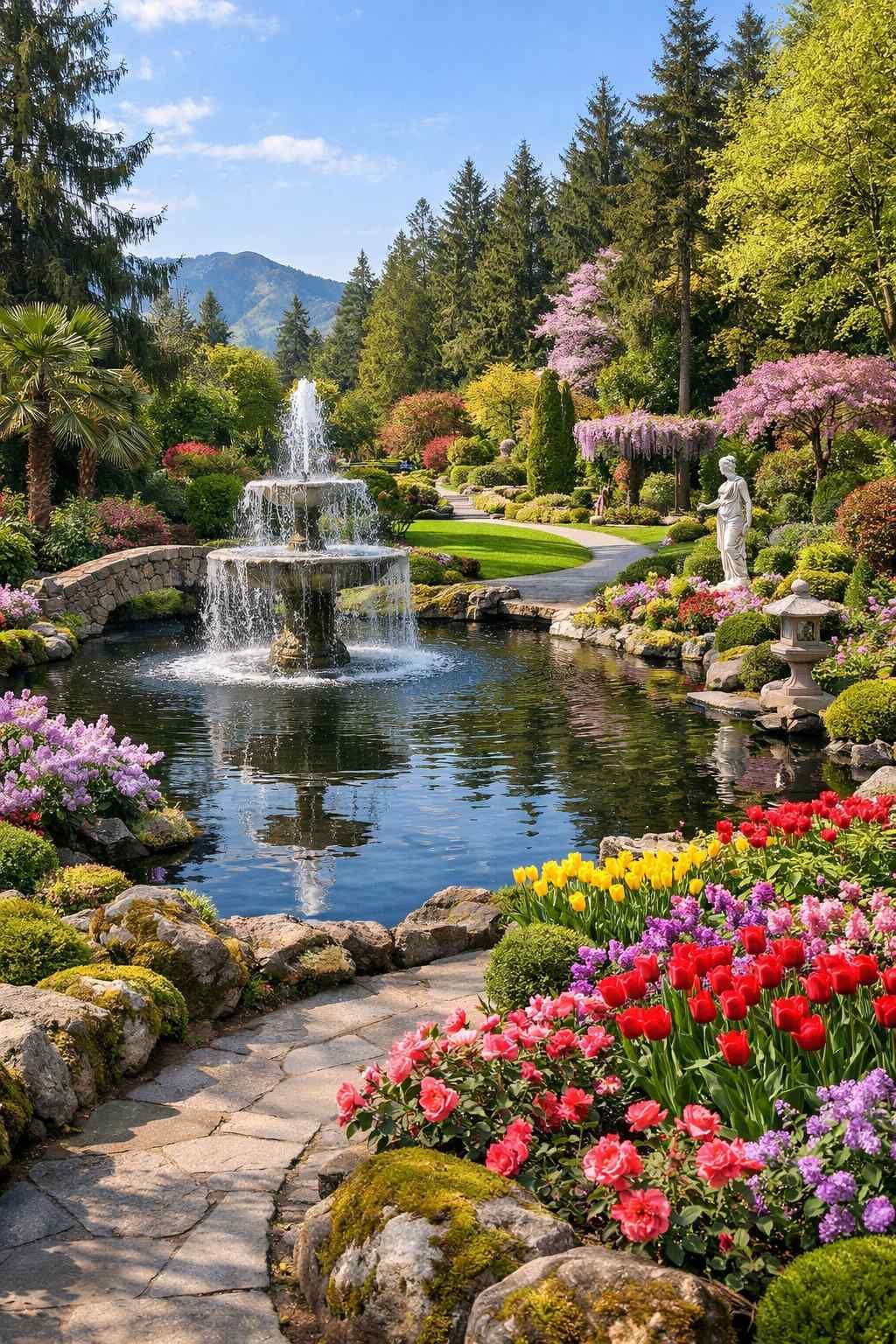 A multi-tiered fountain centerpiece in a lush garden with a stone path, vibrant flower beds, trees, and a mountain backdrop.