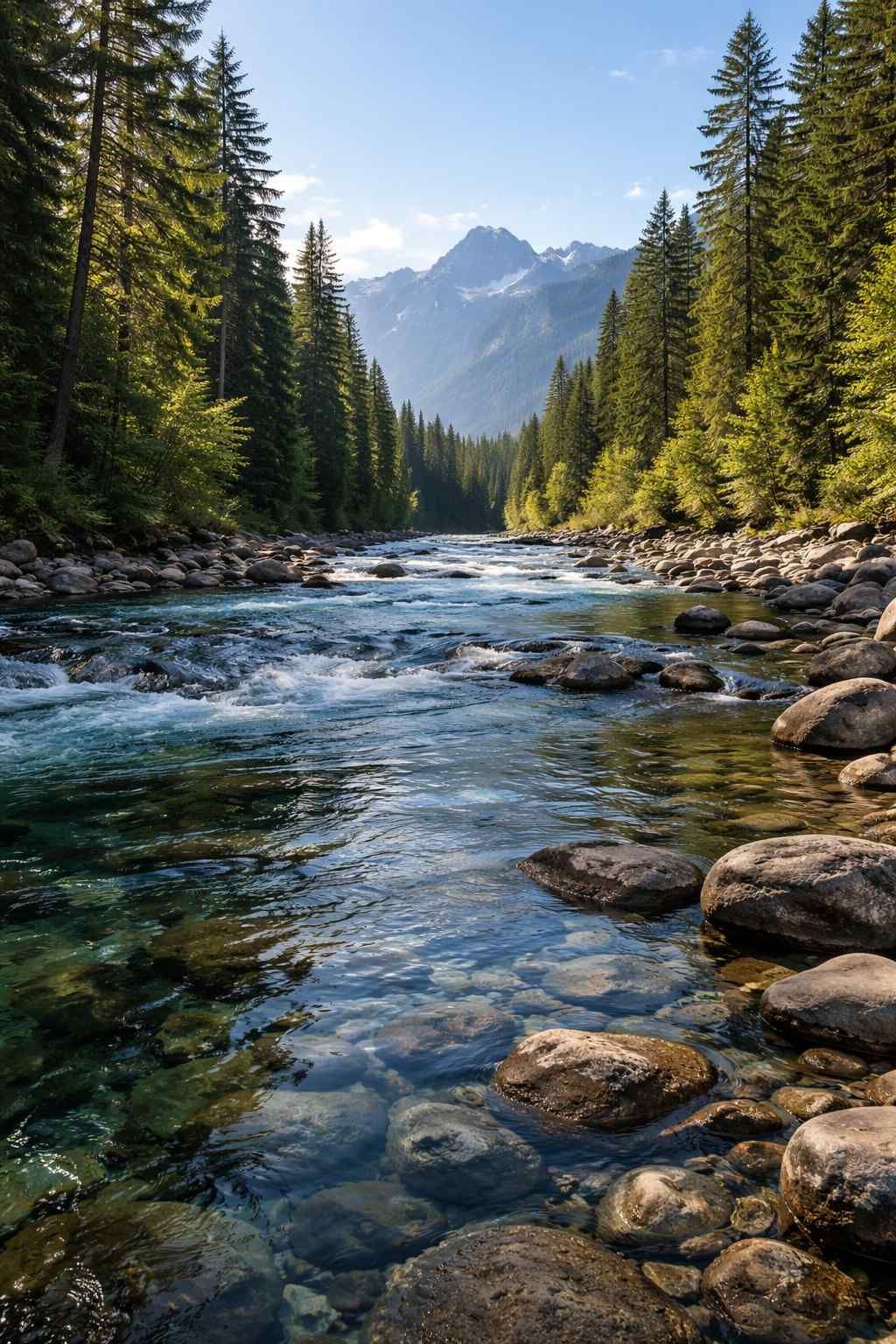 A clear, shallow river flows over stones, surrounded by dense evergreen trees with a mountain peak in the distance.