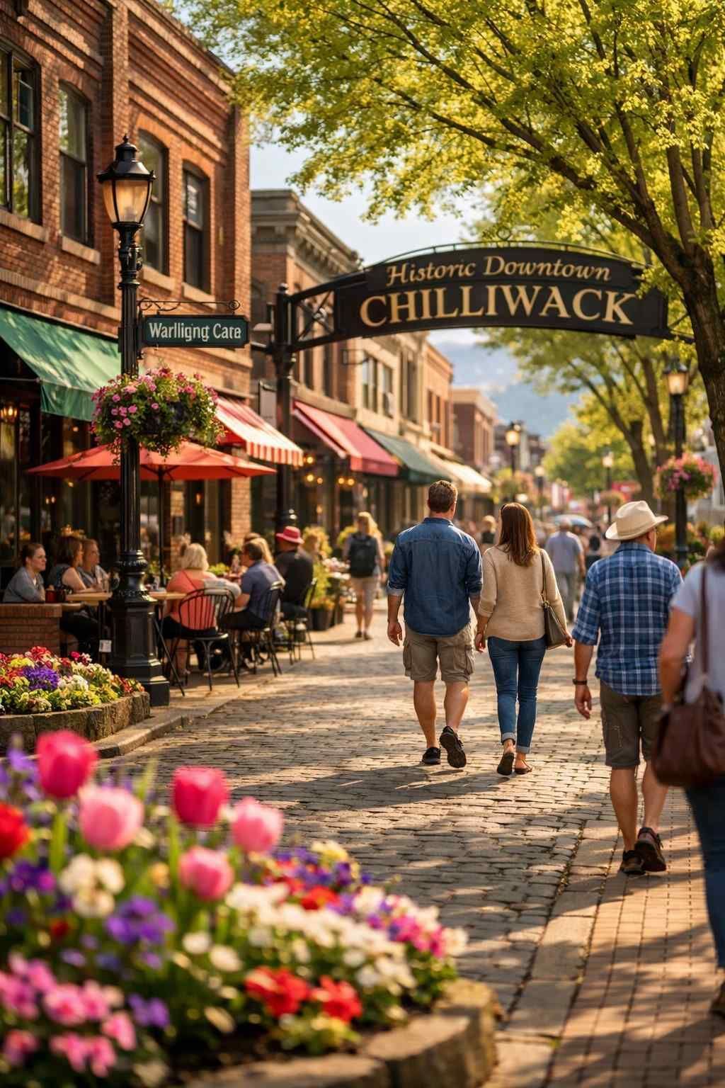 People walk down a historic, cobblestone downtown street in Chilliwack lined with shops, outdoor seating, and flowers.