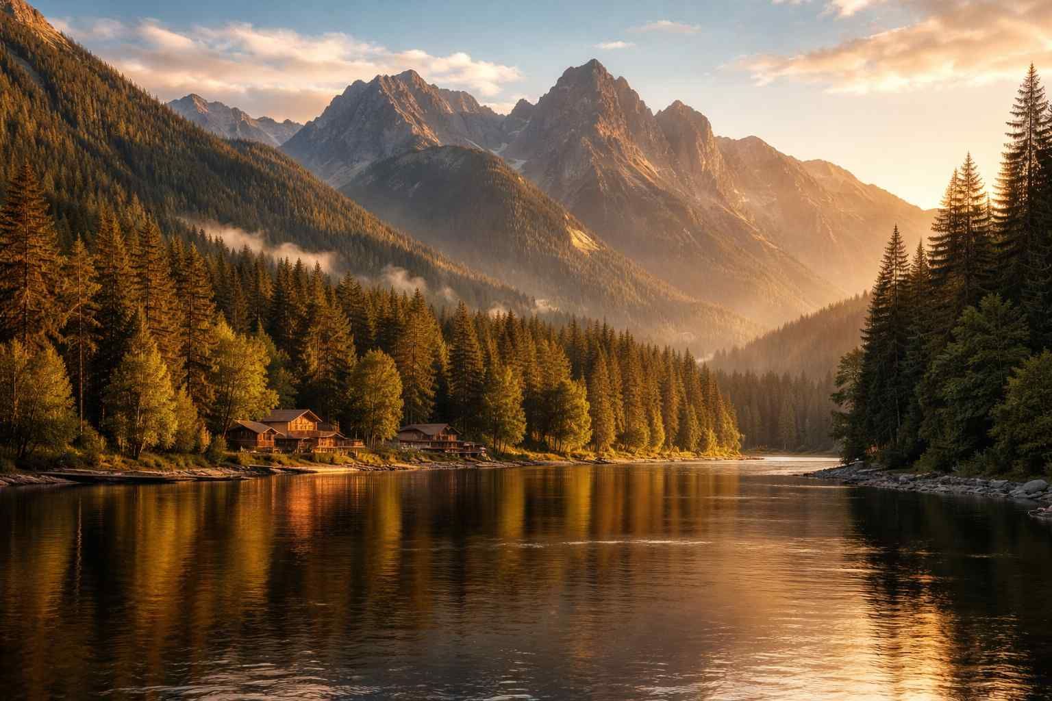 Golden hour sunlight illuminates a calm lake reflecting rugged, pine-covered mountains and a small cabin in the forest.