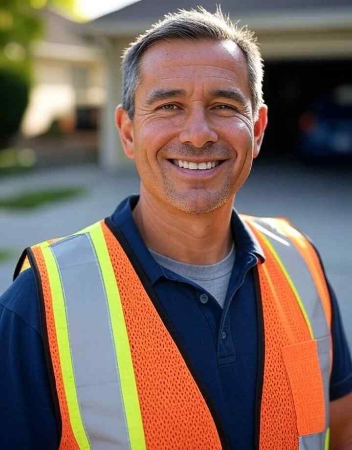Smiling man in orange safety vest stands outdoors near a house, possibly a worker.