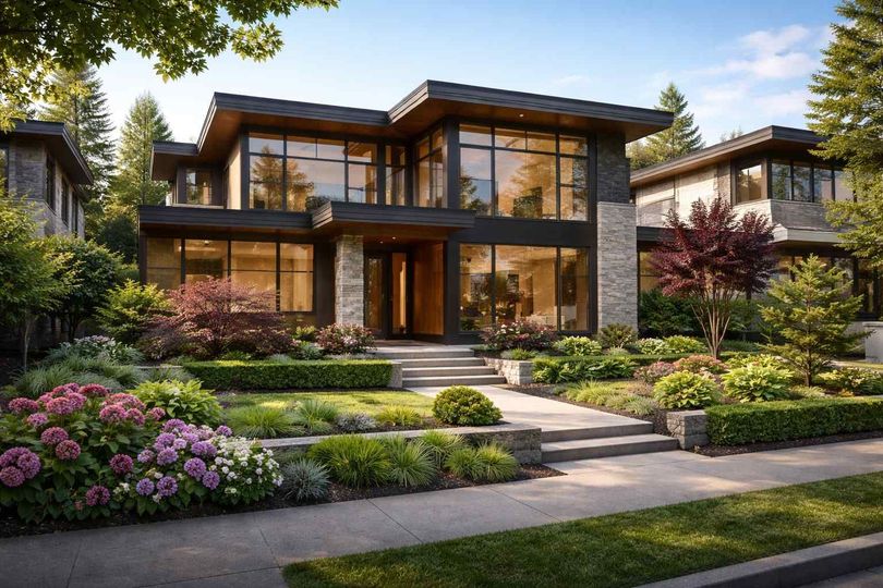 A modern two-story home with large glass windows, a stone exterior, and a landscaped front garden with blooming flowers.
