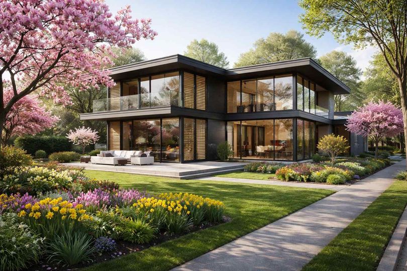 Modern two-story house with floor-to-ceiling windows, a patio, and a vibrant garden with blooming trees in spring.