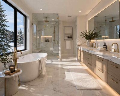 A bright, modern bathroom with a soaking tub, glass shower, marble floors, wood vanity, and a view of snowy pine trees.