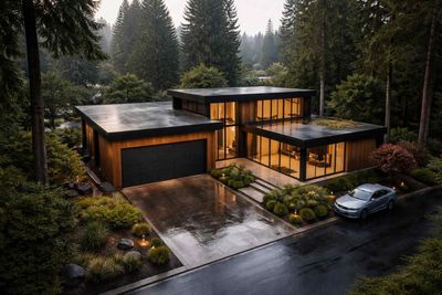 Modern, flat-roofed house with wood and black siding nestled in a dense, misty forest with a driveway and parked car.