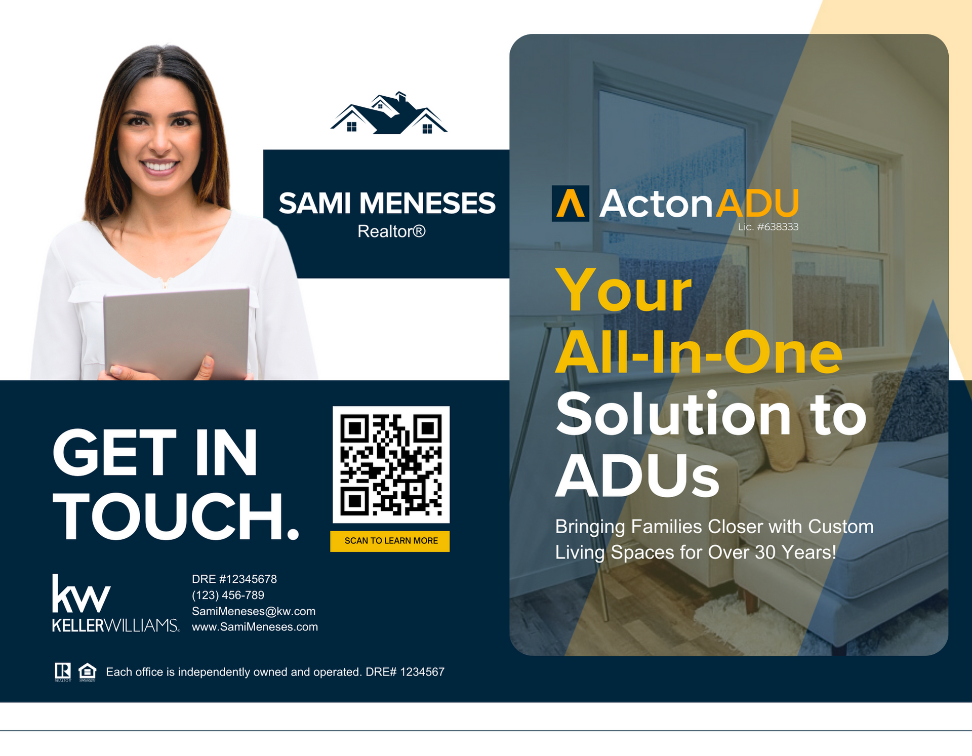 A woman is holding a tablet next to a sign that says `` get in touch . ''