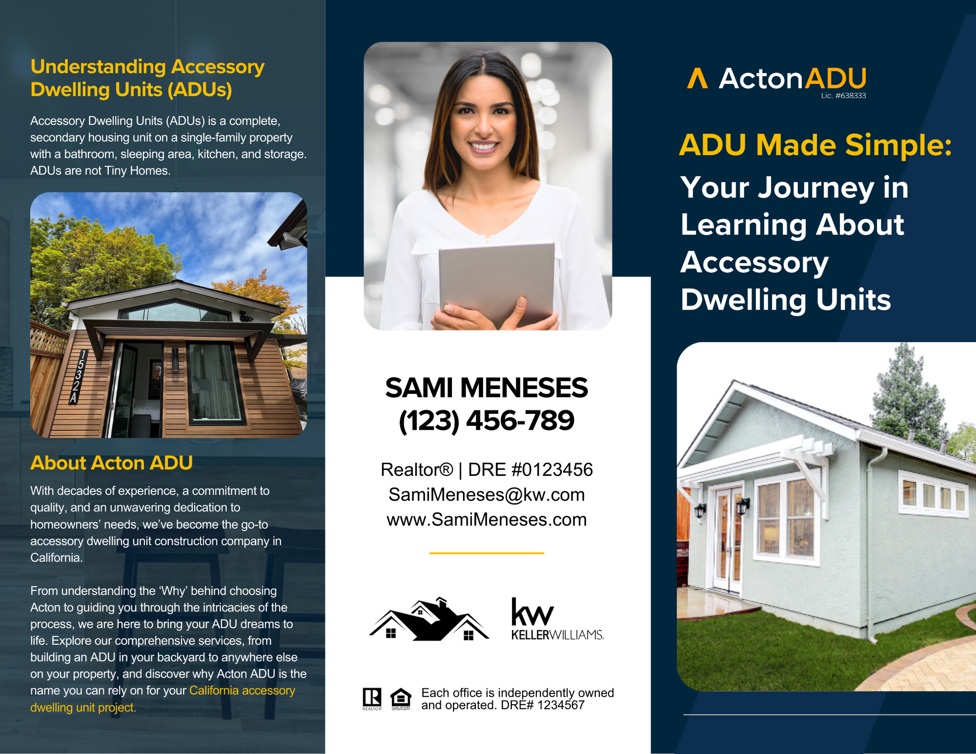 A brochure with a woman holding a tablet and a picture of a house.