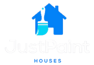 A logo for just paint houses with a blue house and a paint brush.