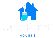 A logo for just paint houses with a blue house and a paint brush.