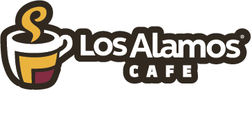 El logotipo de Los Alamos Café muestra una taza de café con vapor saliendo de ella.