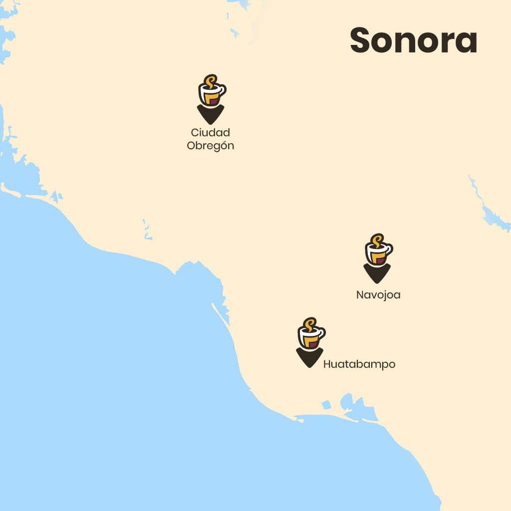 Un mapa de Sonora con tres iconos en él.