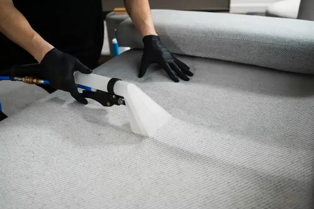 Person in black gloves cleaning a gray couch with a cleaning machine.