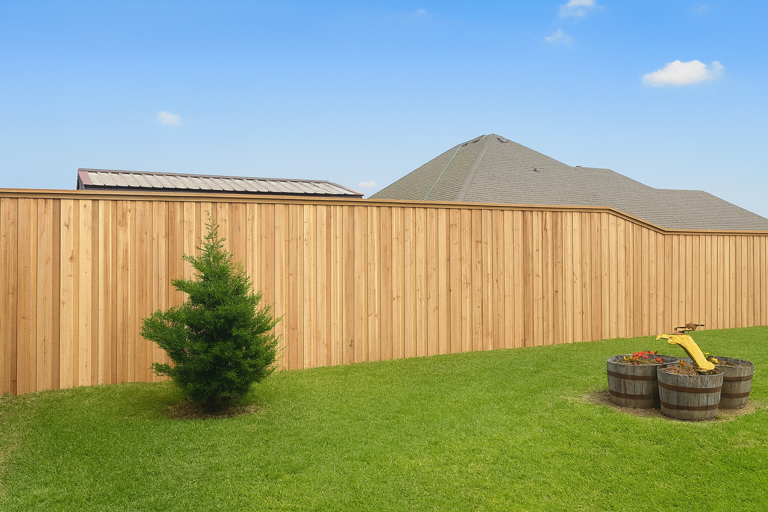 Wooden fence enclosing a green lawn, small tree, and barrel fire pit with a clear blue sky background.