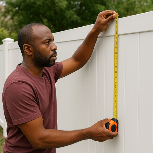 A man measuring a fence with a tape measure, showcasing an expert residential fence contractor. A man measuring a fence with a tape measure, showcasing an expert residential fence contractor.