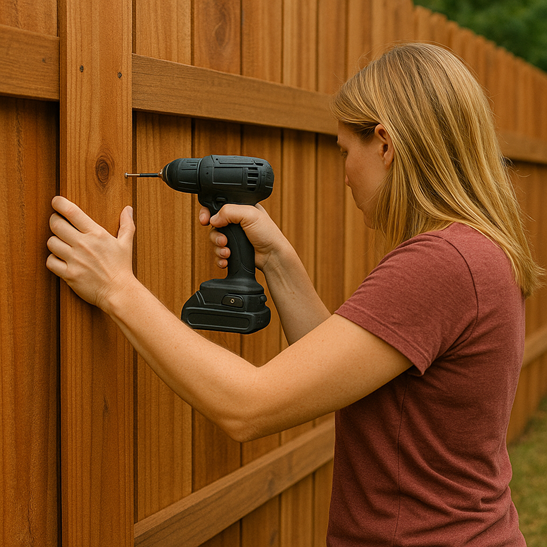 A woman installing a wooden fence, showcasing the skills of a residential fence contractor. A woman installing a wooden fence, showcasing the skills of a residential fence contractor.