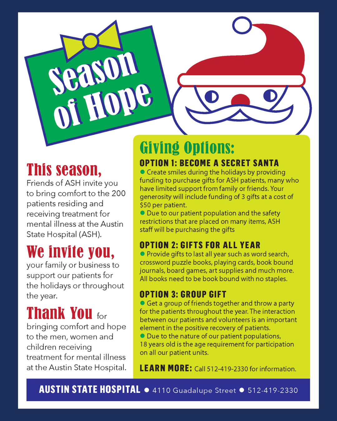 Flyer for Austin State Hospital's 