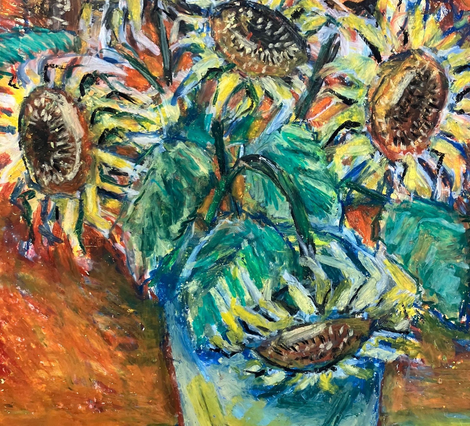 A colorful painting with a vase full of sunflowers