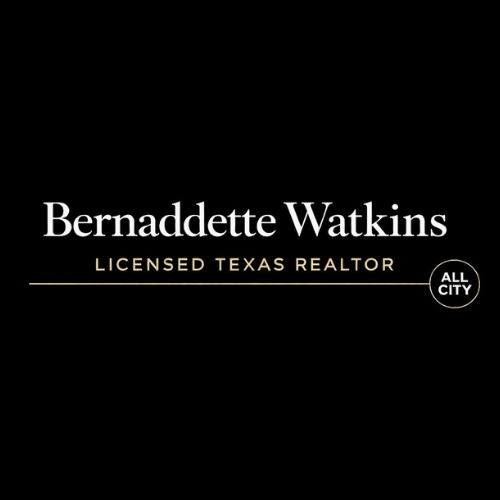 Logo for Bernadette Watkins, Licensed Texas Realtor. Black background with white text and graphic.