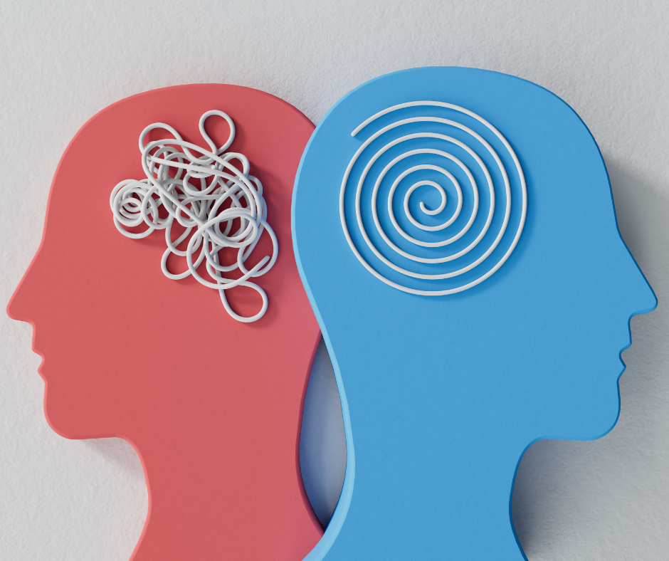 Two silhouette profiles, one red with a tangled wire brain and one blue with a spiral wire brain