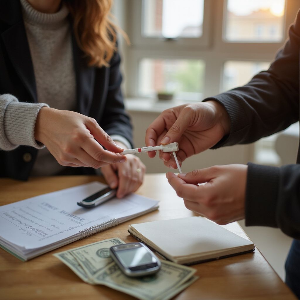 Person handing a test strip to another person; cash, phone, and paperwork on the table.