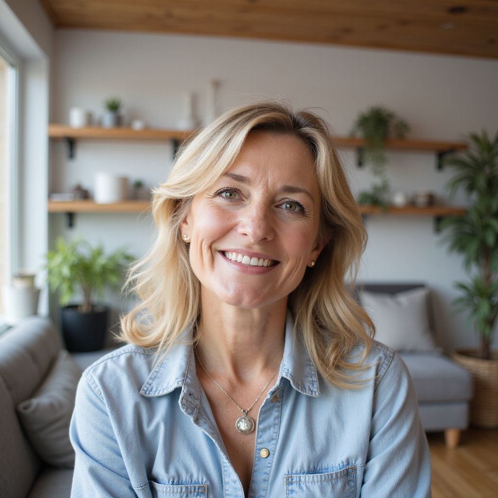 Woman with blonde hair smiles, wearing a denim shirt, indoors near a window and shelves.