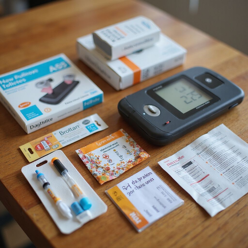 Diabetes supplies on a wooden table: meter, test strips, lancets, and insulin pens.