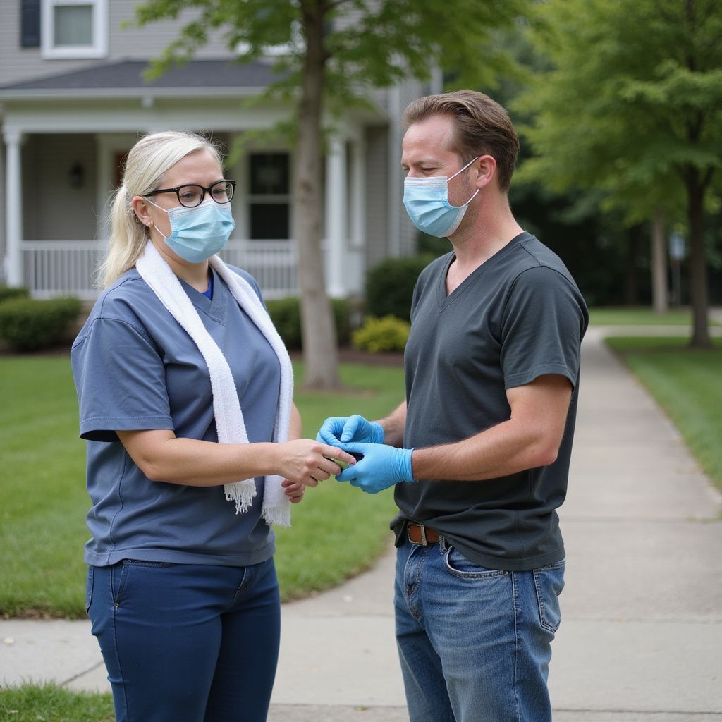 Two people outdoors wearing masks and gloves, exchanging an item.