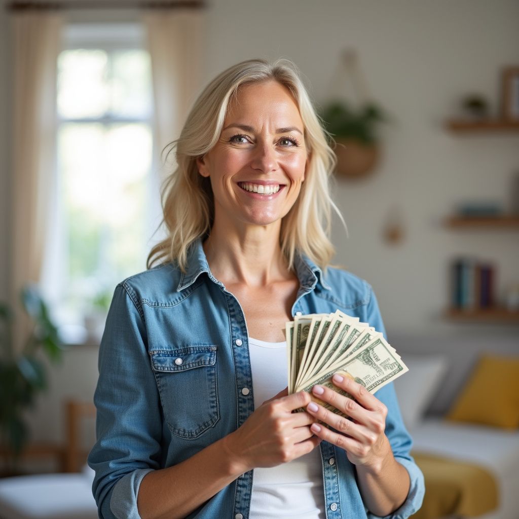 Woman in denim shirt smiling, holding a fan of money in her hands indoors.