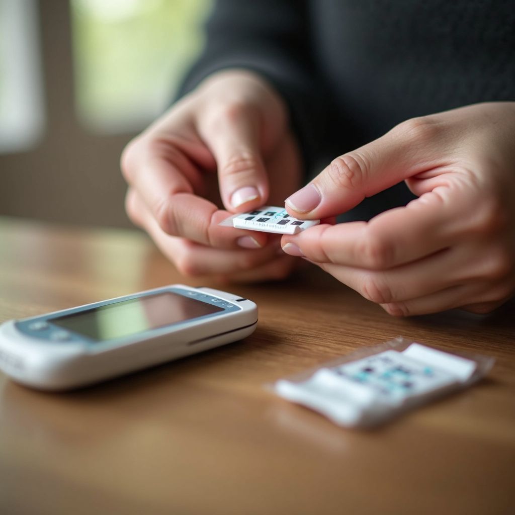 Person holding a small test strip, preparing to use a glucose meter on a wooden table.