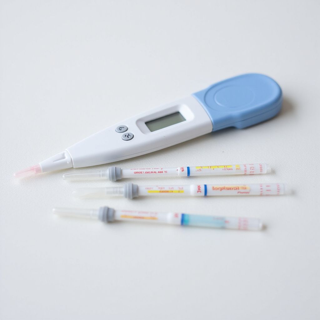 Digital thermometer with three drug test strips on a white surface.